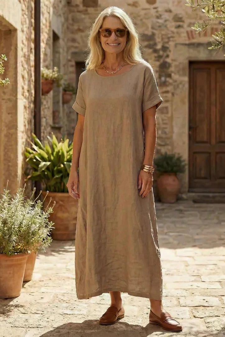 Rosalía | Vestido Largo de Lino Casual Mujer Manga Corta
