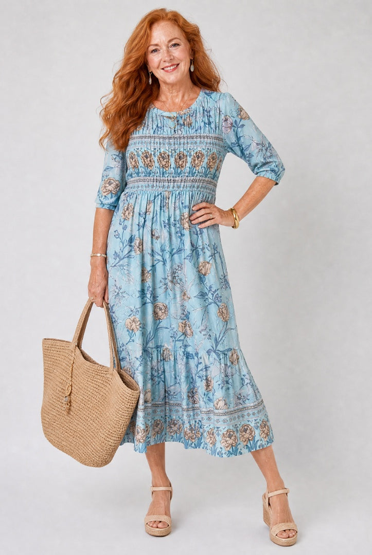 Rosalía | Vestido Midi Floral Mujer Manga Tres Cuartos Cintura Fruncida