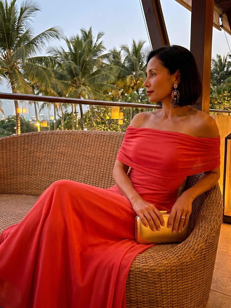 Rosalía | Vestido Midi Hombros Descubiertos Mujer Drapeado