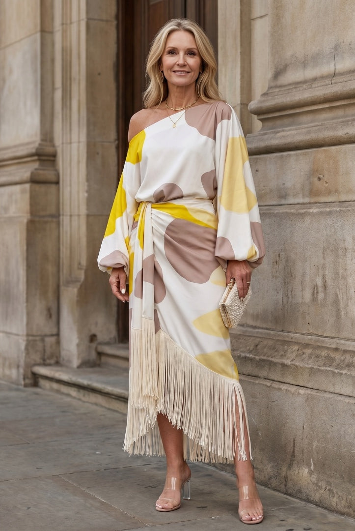 Rosario | Vestido Midi Estampado con Flecos Mujer Escote Off Shoulder