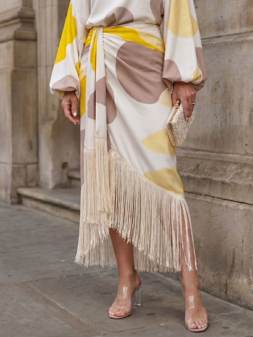 Rosario | Vestido Midi Estampado con Flecos Mujer Escote Off Shoulder