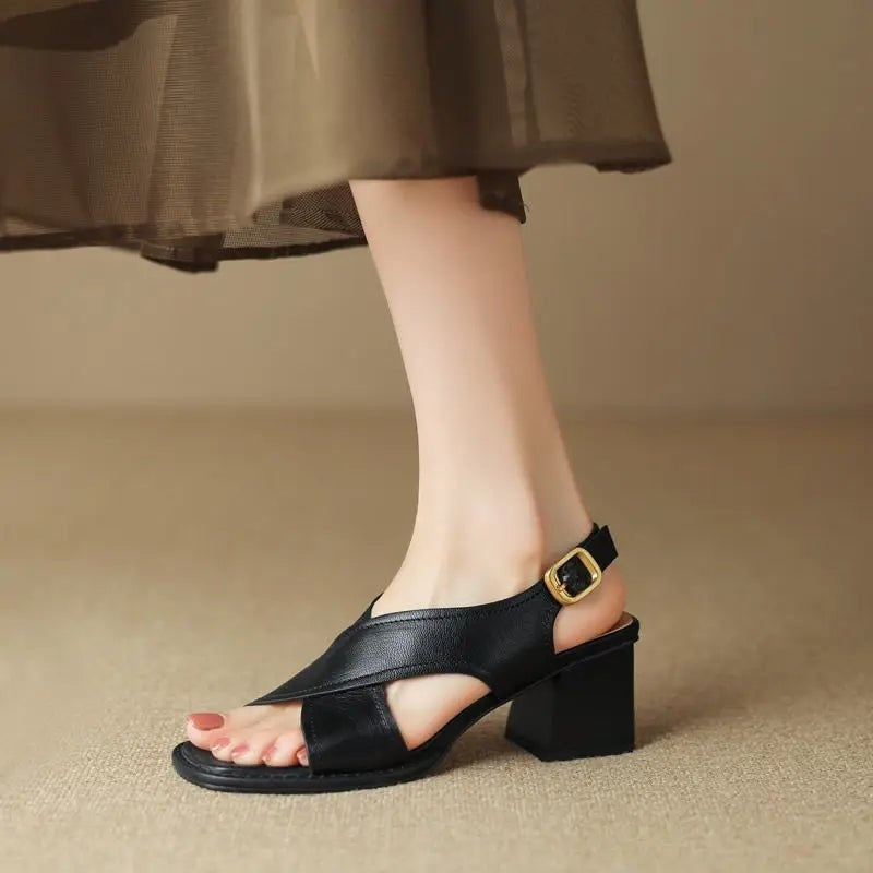 Sandalias de Tacón Cuadrado Mujer Tira Cruzada Hebilla