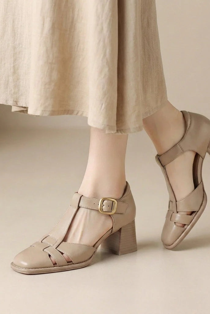 Sandalias de Tacón Grueso T-Strap Mujer Hebilla