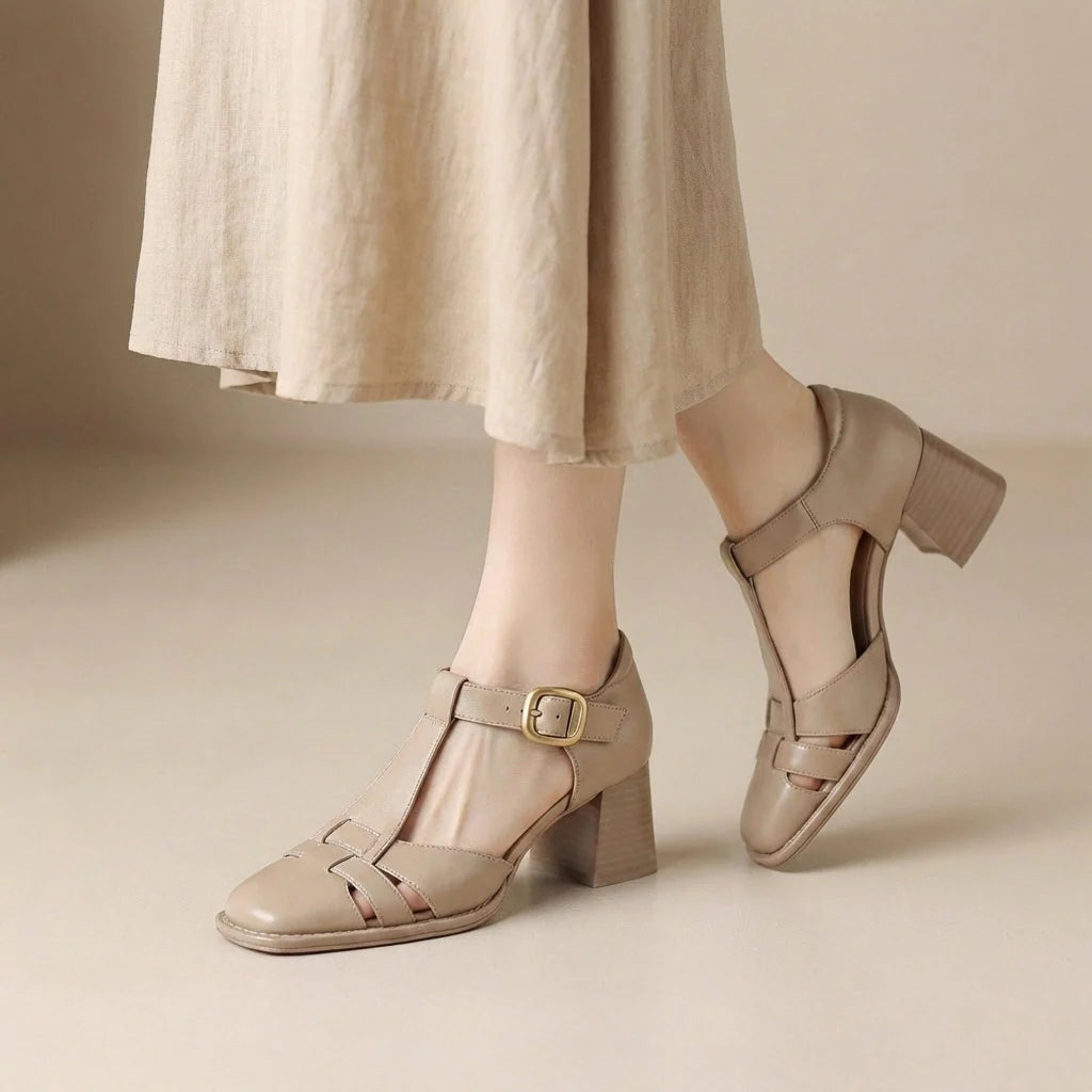 Sandalias de Tacón Grueso T-Strap Mujer Hebilla