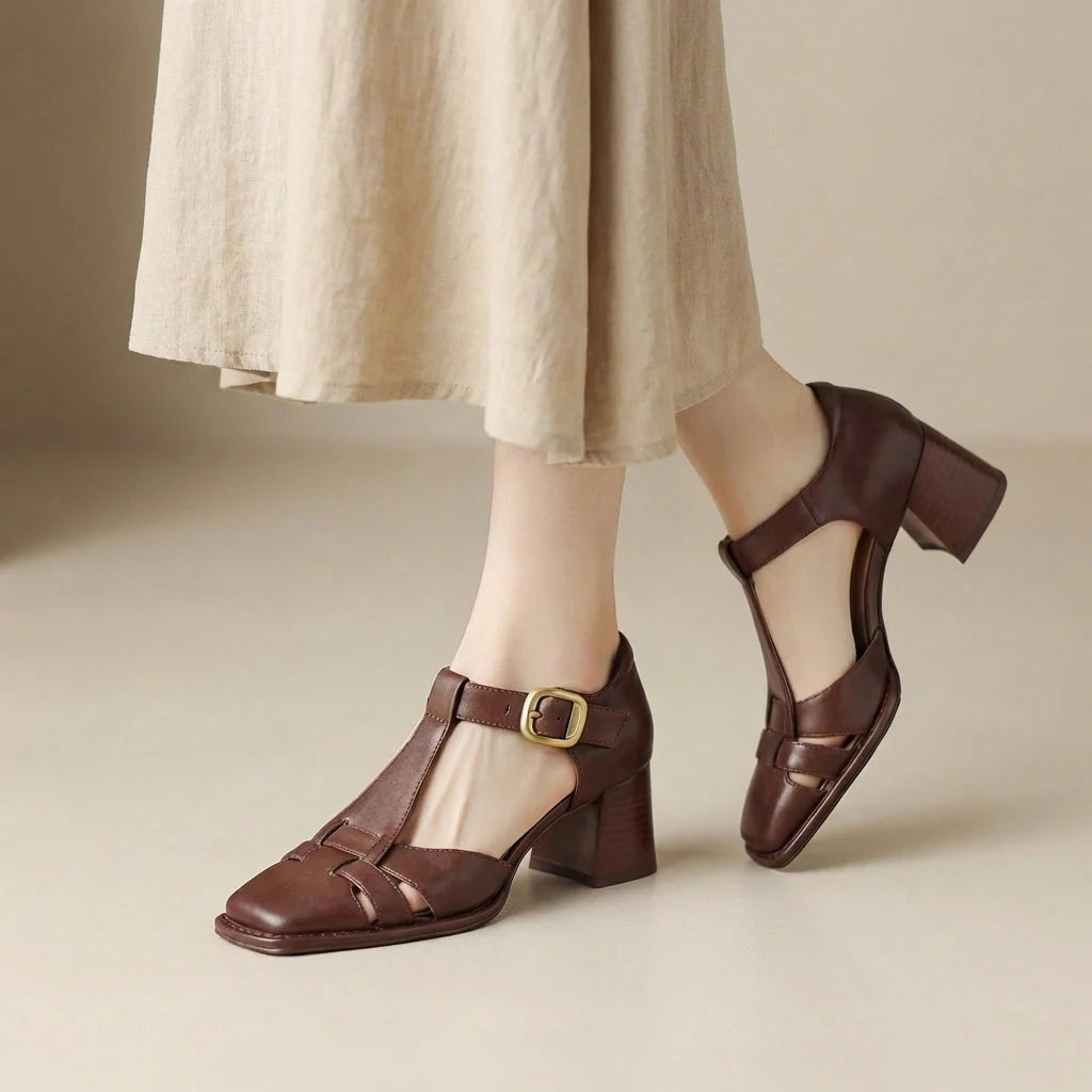 Sandalias de Tacón Grueso T-Strap Mujer Hebilla