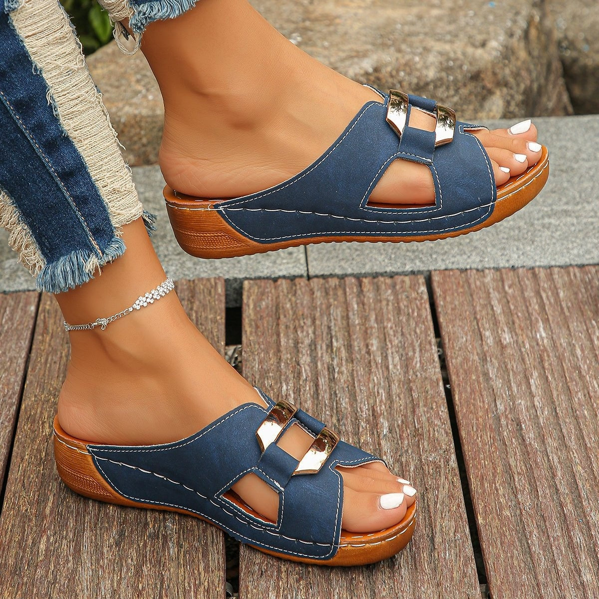 Sandalias Planas con Hebilla Metálica Mujer Plataforma
