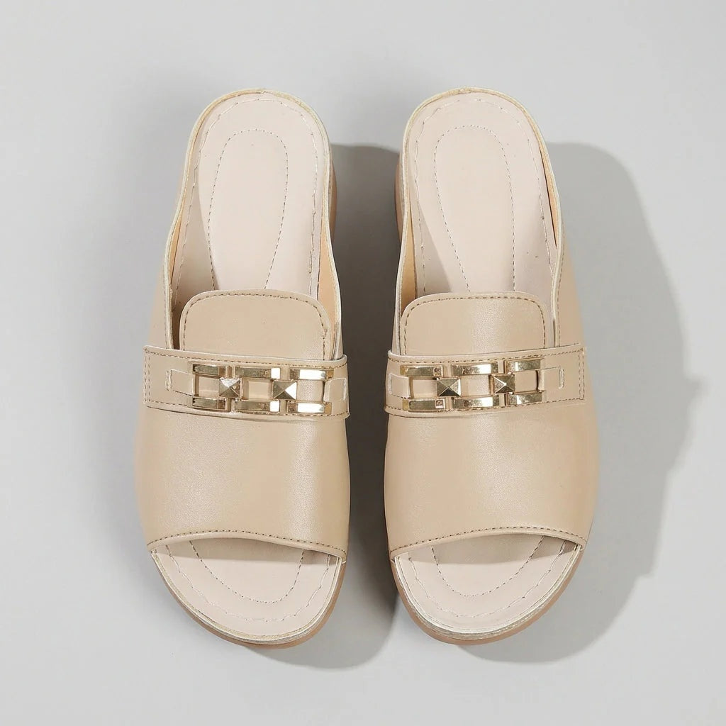 Sandalias Planas Hebilla Dorada Mujer Tipo Zueco