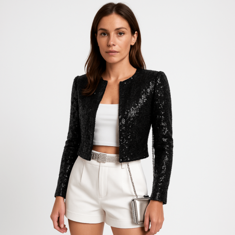 Sofía | Chaqueta Americana de Lentejuelas Mujer Corta Manga Larga