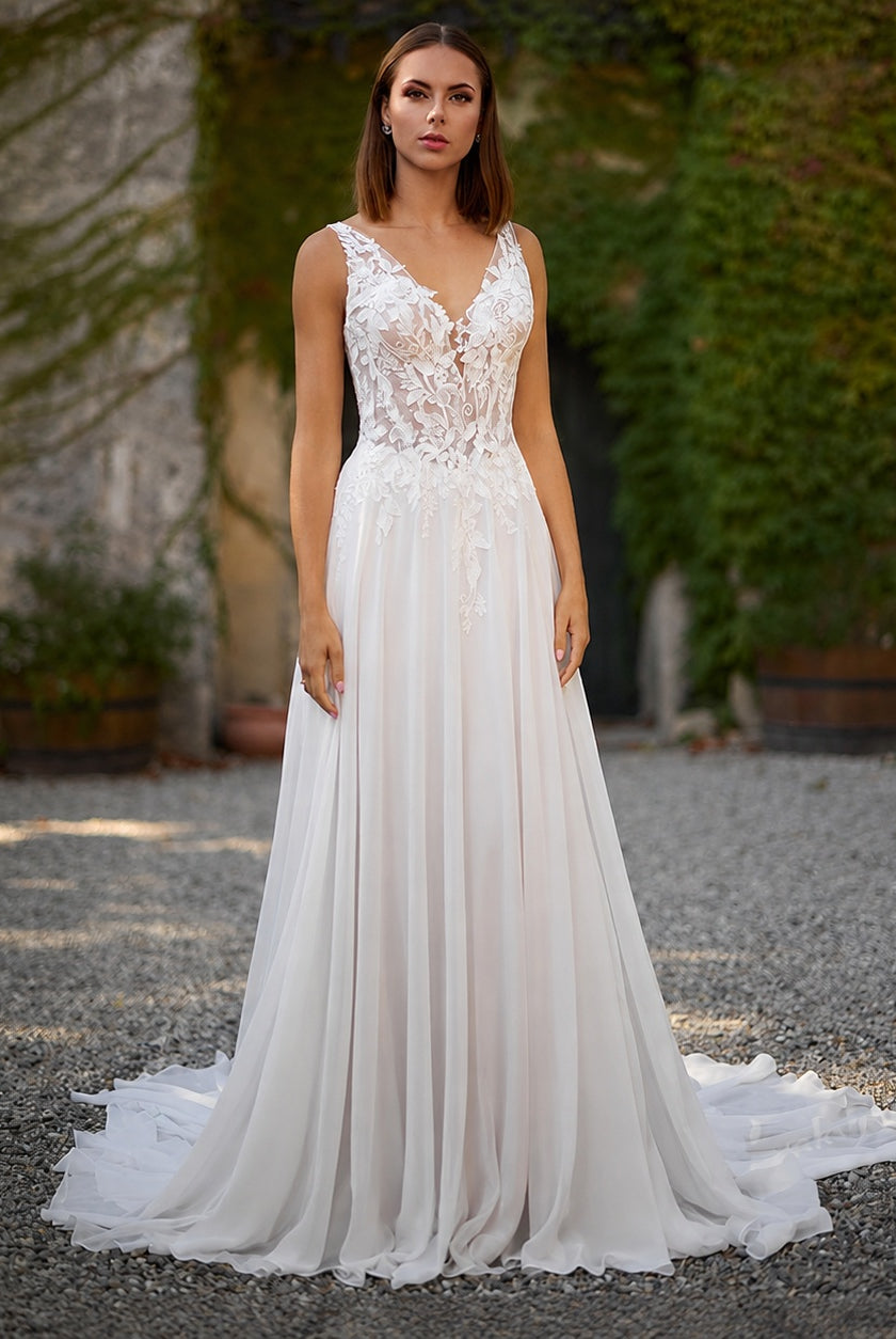 Sofía | Vestido de Novia Boho Mujer Encaje Escote V Sin Mangas