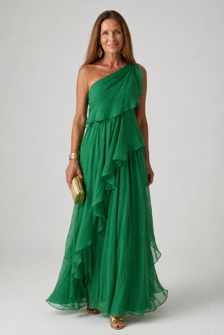Soledad | Vestido de Invitada Invierno con Volantes Mujer Un Hombro