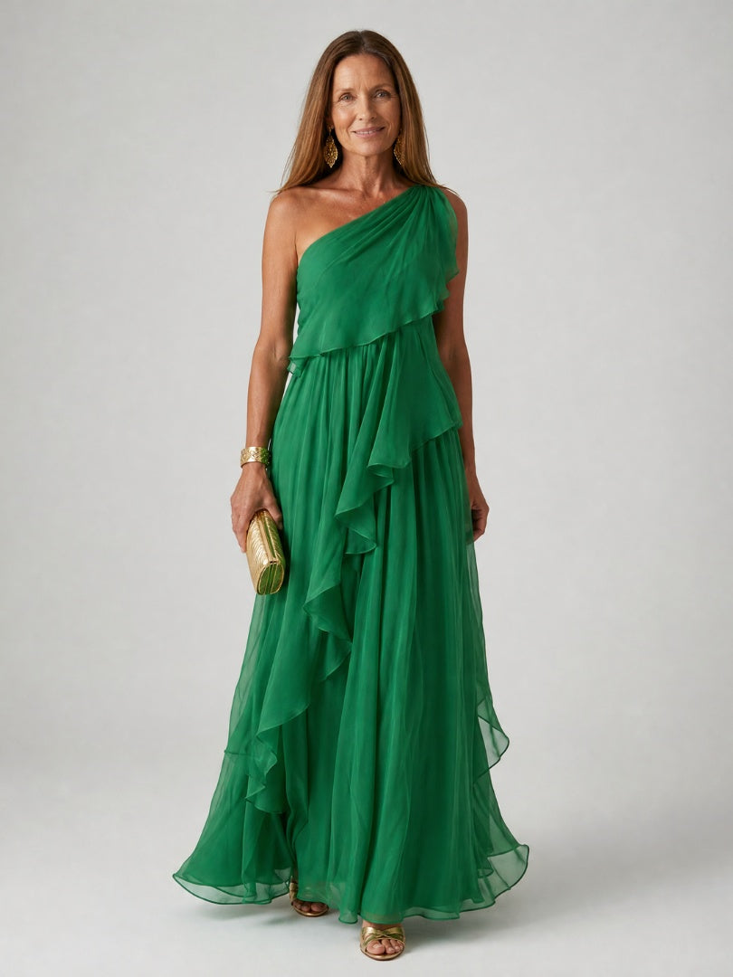 Soledad | Vestido de Invitada Invierno con Volantes Mujer Un Hombro
