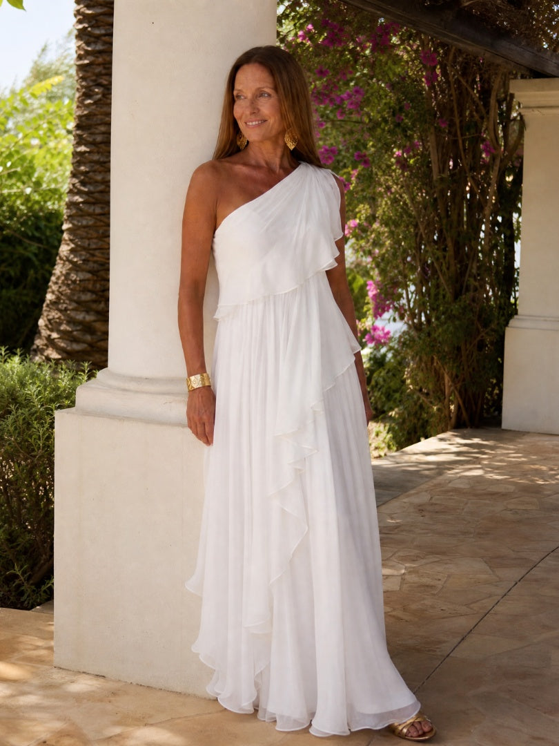 Soledad | Vestido de Invitada Invierno con Volantes Mujer Un Hombro