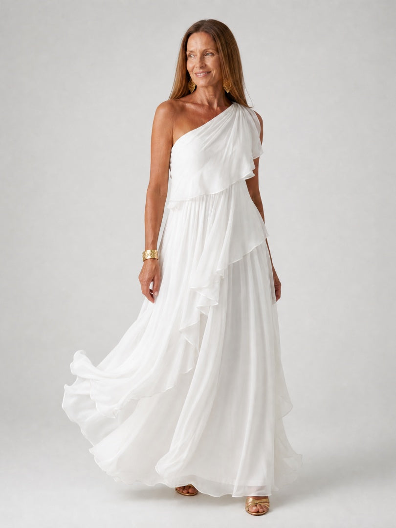 Soledad | Vestido de Invitada Invierno con Volantes Mujer Un Hombro
