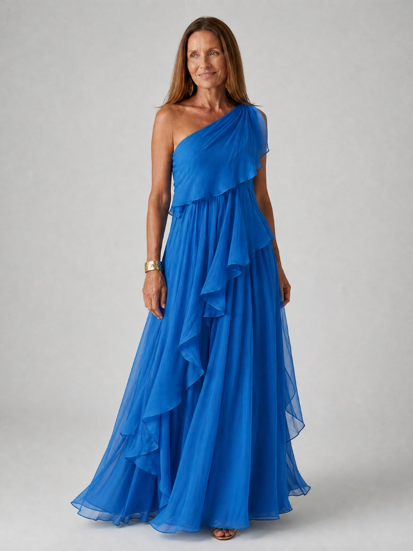 Soledad | Vestido de Invitada Invierno con Volantes Mujer Un Hombro