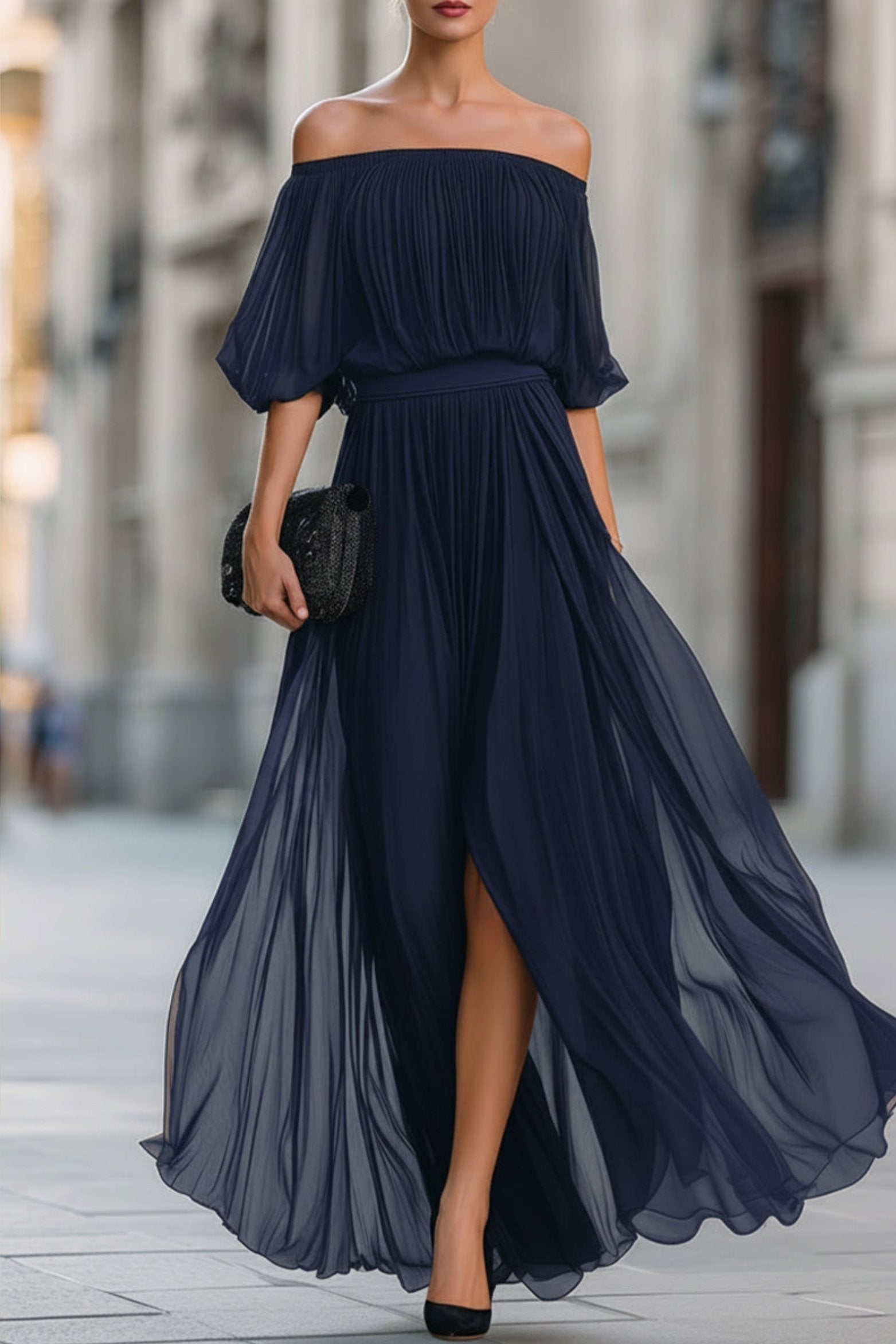 Soledad | Vestido Largo de Gala Mujer Hombros Descubiertos Plisado
