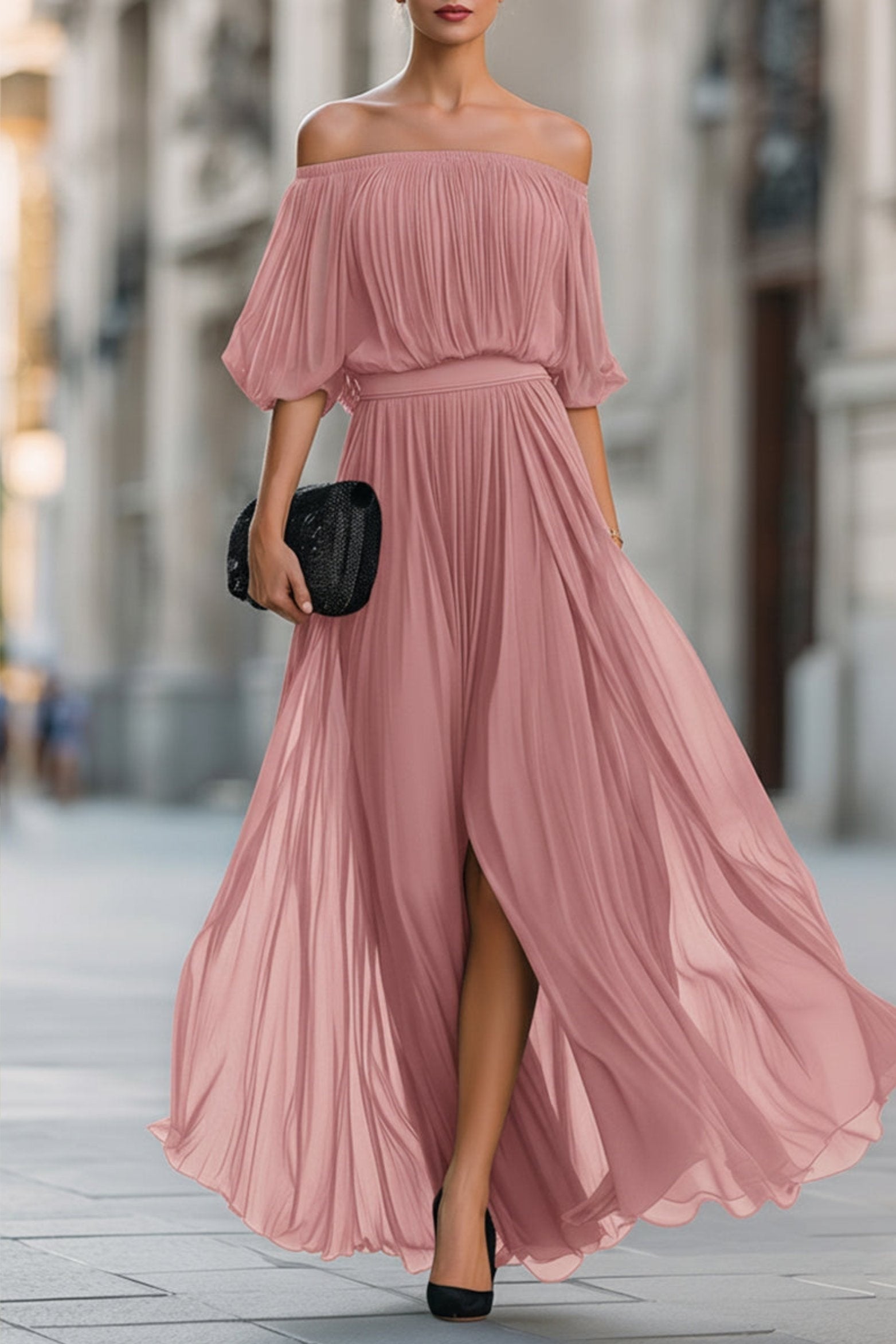 Soledad | Vestido Largo de Gala Mujer Hombros Descubiertos Plisado