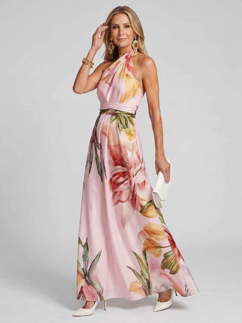 Soledad | Vestido Largo de Graduación Estampado Floral Mujer Cuello Halter