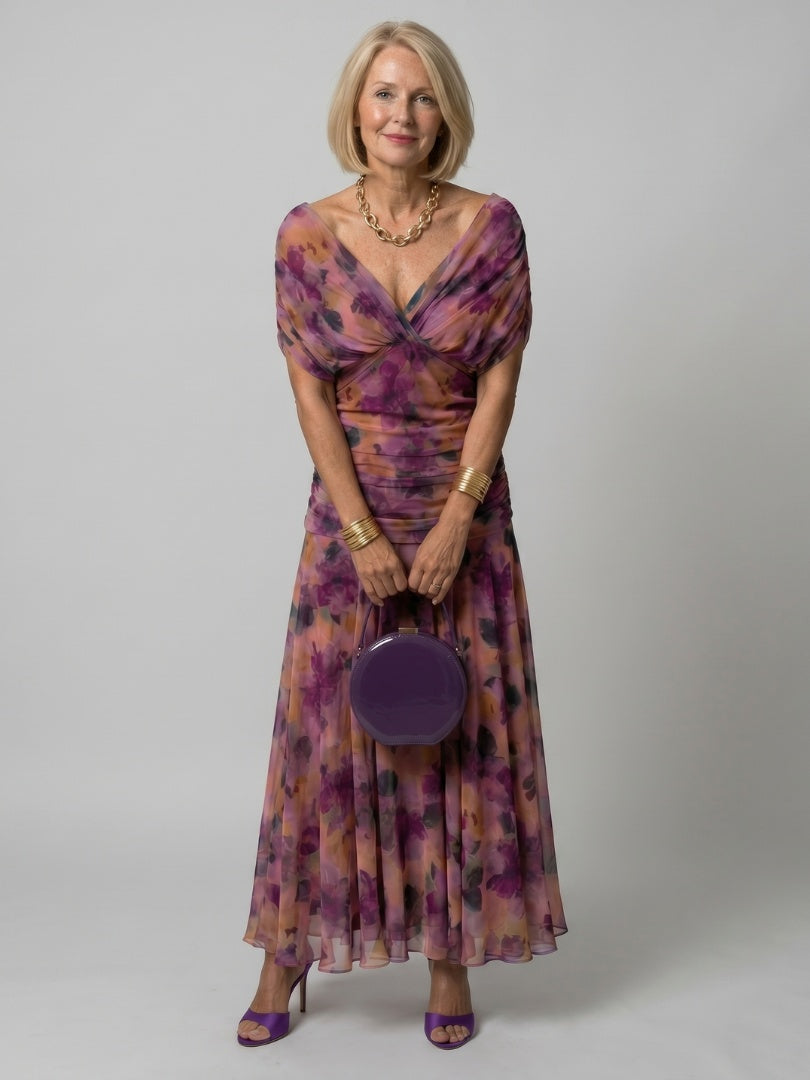 Soledad | Vestido Midi Drapeado Estampado Floral Mujer Sin Hombros