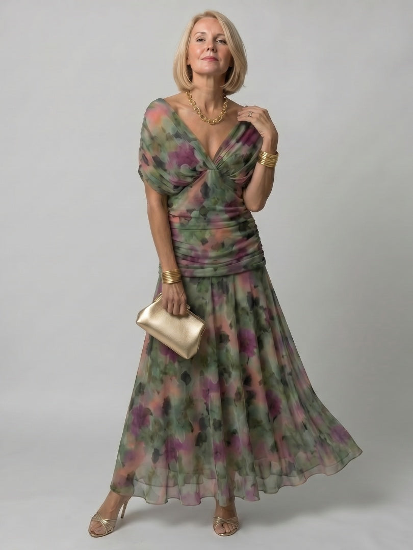 Soledad | Vestido Midi Drapeado Estampado Floral Mujer Sin Hombros