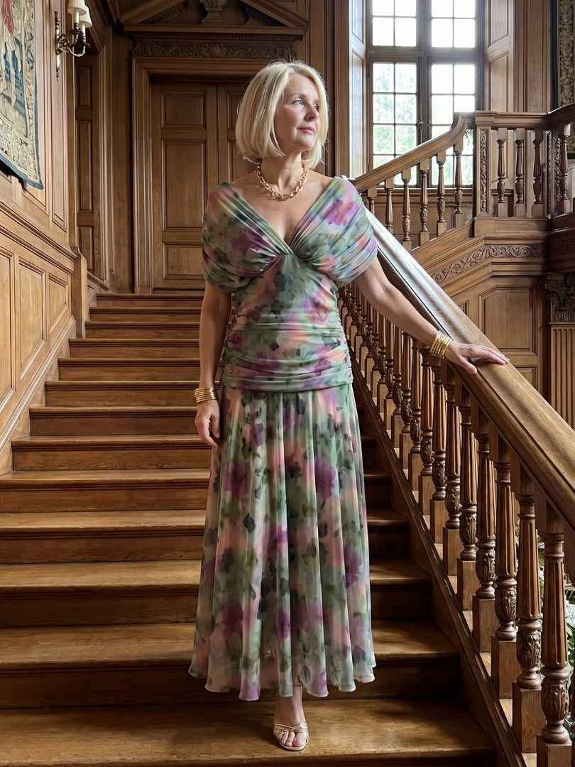 Soledad | Vestido Midi Drapeado Estampado Floral Mujer Sin Hombros