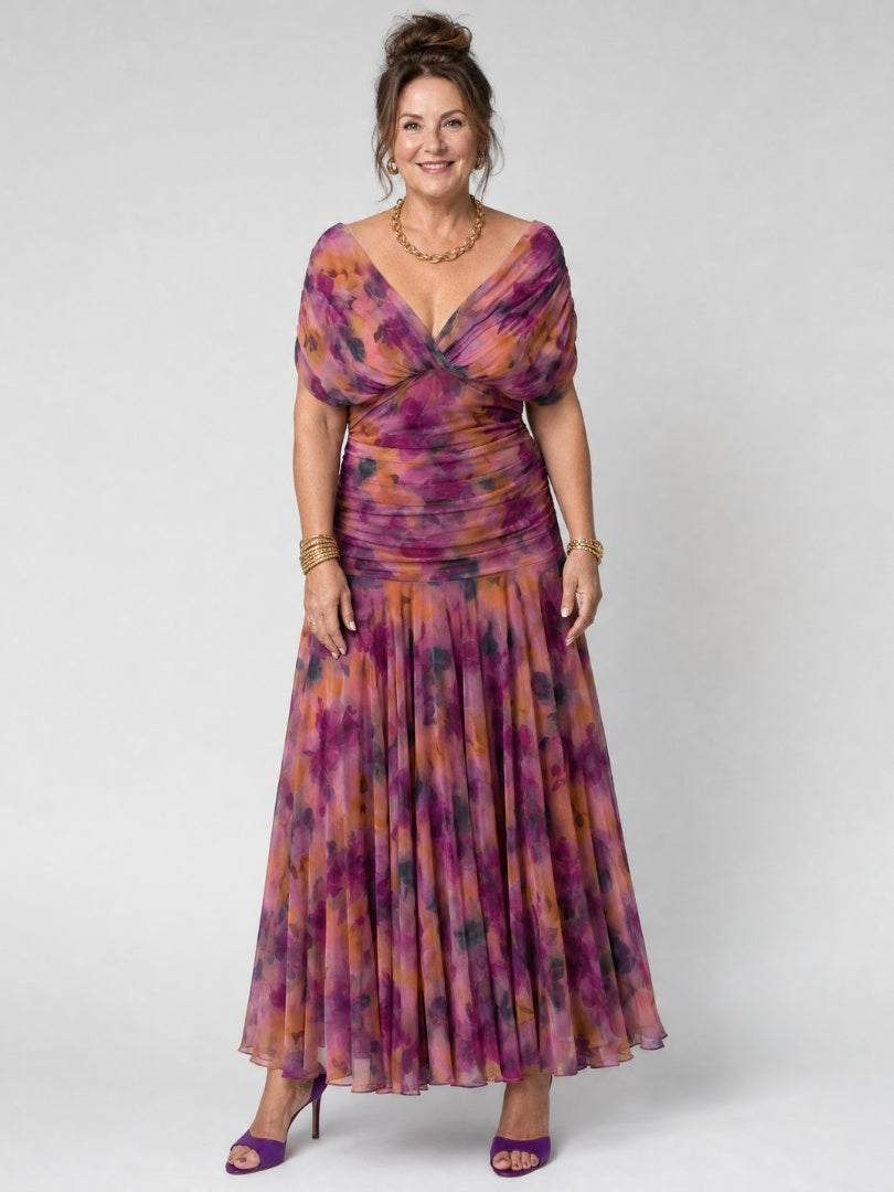 Soledad | Vestido Midi Drapeado Estampado Floral Mujer Sin Hombros