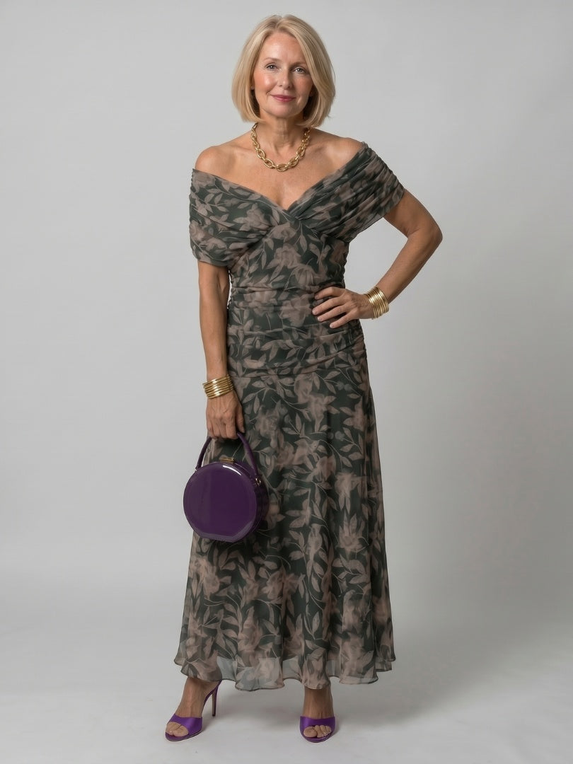 Soledad | Vestido Midi Drapeado Estampado Floral Mujer Sin Hombros