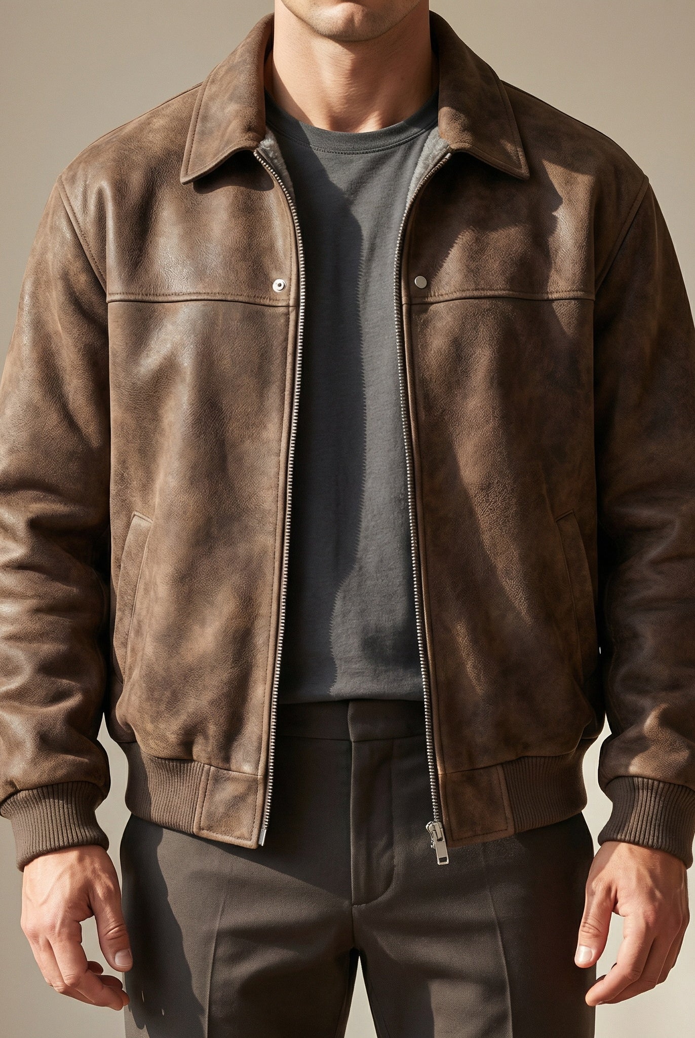 Tomás | Cazadora de Piel Hombre Bomber Cuello Solapa