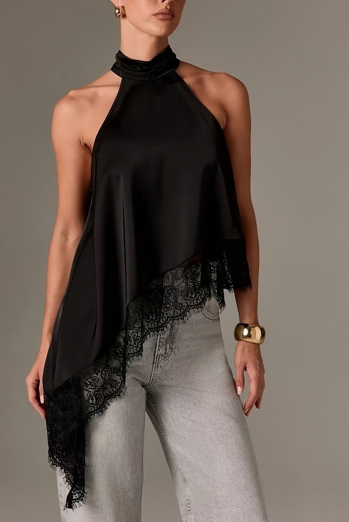 Top Halter Asimétrico con Encaje Mujer Cuello Alto