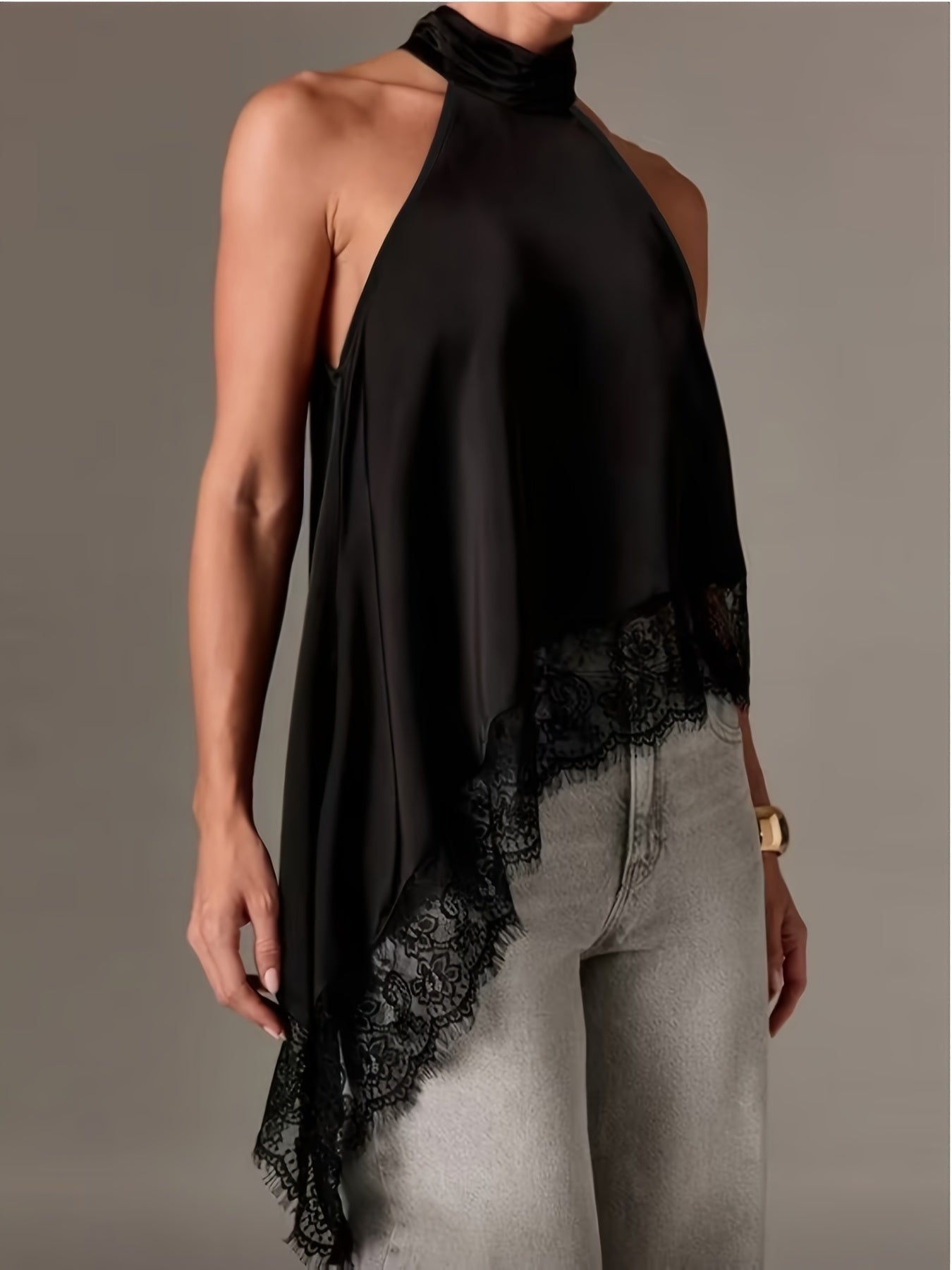 Top Halter Asimétrico con Encaje Mujer Cuello Alto