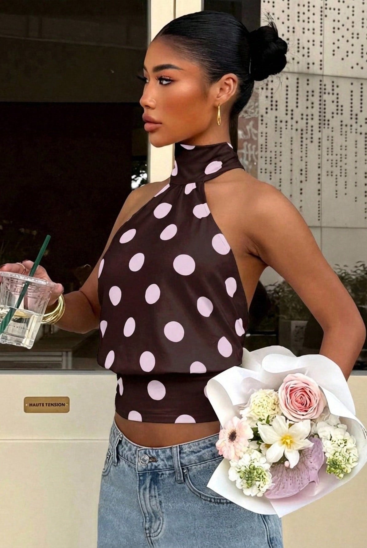 Top Halter de Lunares Mujer Cuello Alto Espalda Descubierta