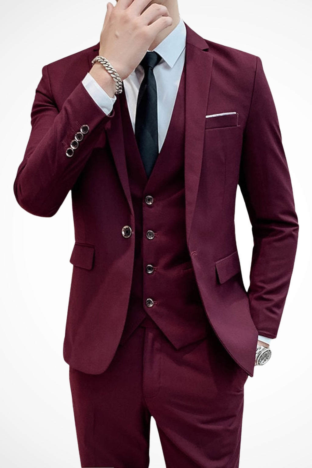 Traje de Tres Piezas de Solapa Notch Hombre Slim Fit