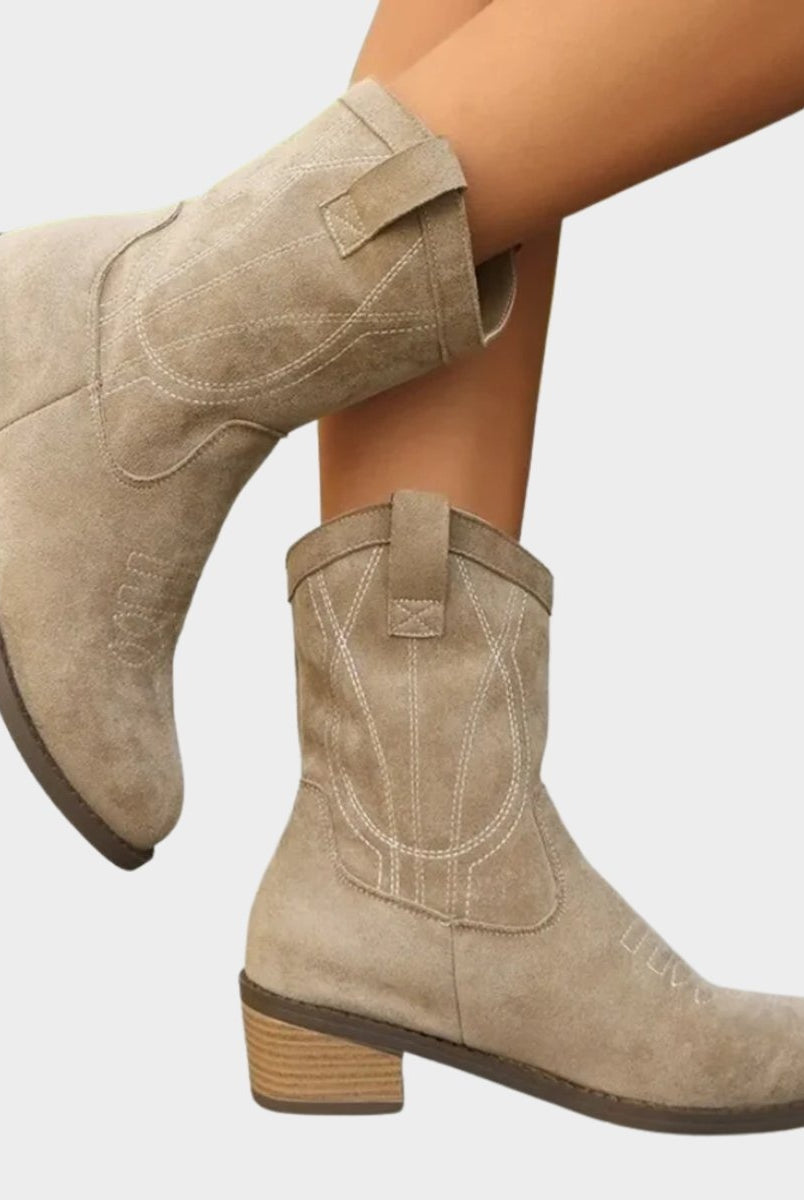 Triana | Botines Cowboy Mujer de Ante Bordados Tacón Bloque