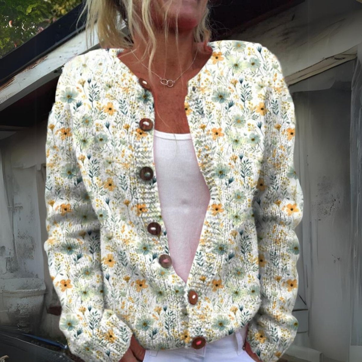 Triana | Chaqueta de Punto Estampado Floral Mujer Botones Madera