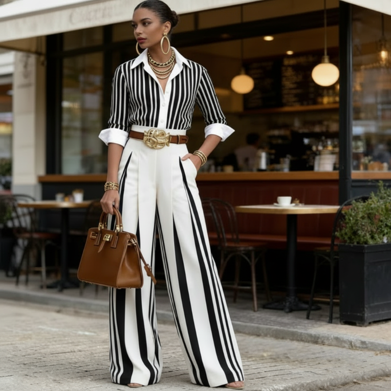 Triana | Conjunto Camisero de Rayas Mujer Pantalón Palazzo Cinturón