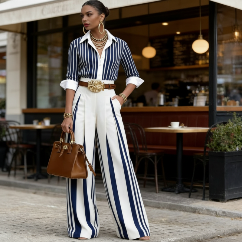 Triana | Conjunto Camisero de Rayas Mujer Pantalón Palazzo Cinturón