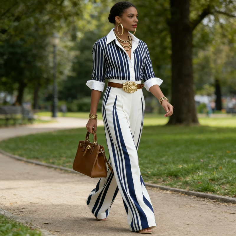 Triana | Conjunto Camisero de Rayas Mujer Pantalón Palazzo Cinturón