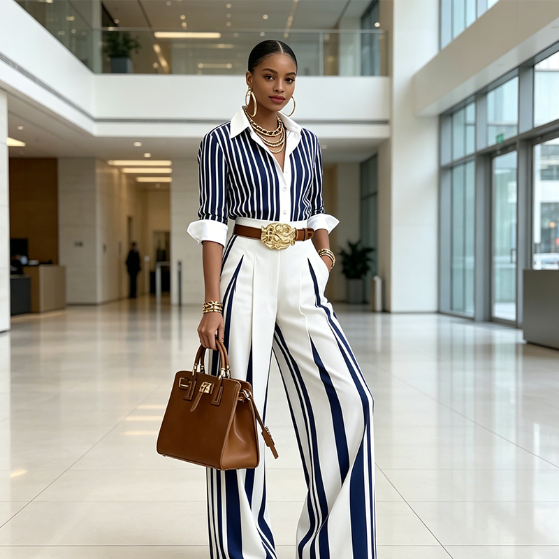 Triana | Conjunto Camisero de Rayas Mujer Pantalón Palazzo Cinturón