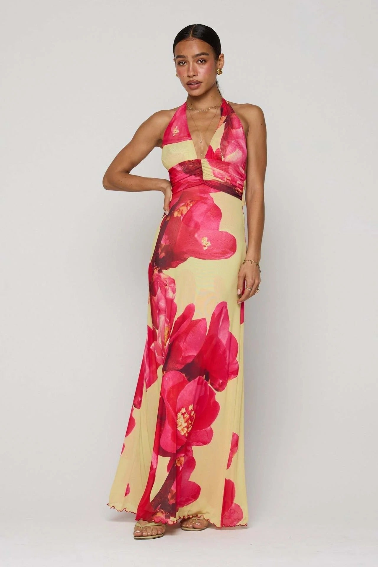Triana | Vestido Largo de Lunares Mujer Halter Escote V Profundo