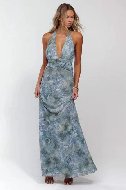 Triana | Vestido Largo de Lunares Mujer Halter Escote V Profundo