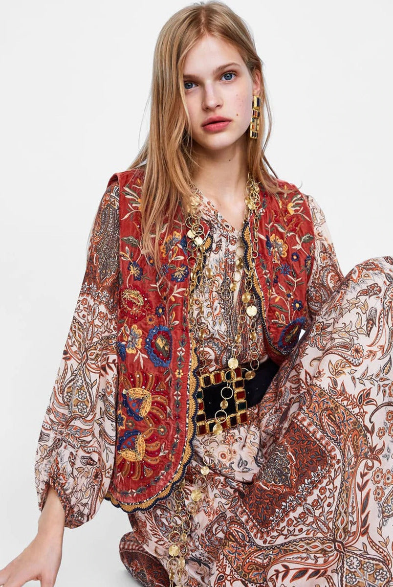 Uxía | Chaleco Largo Boho Mujer Estampado Paisley Escote V