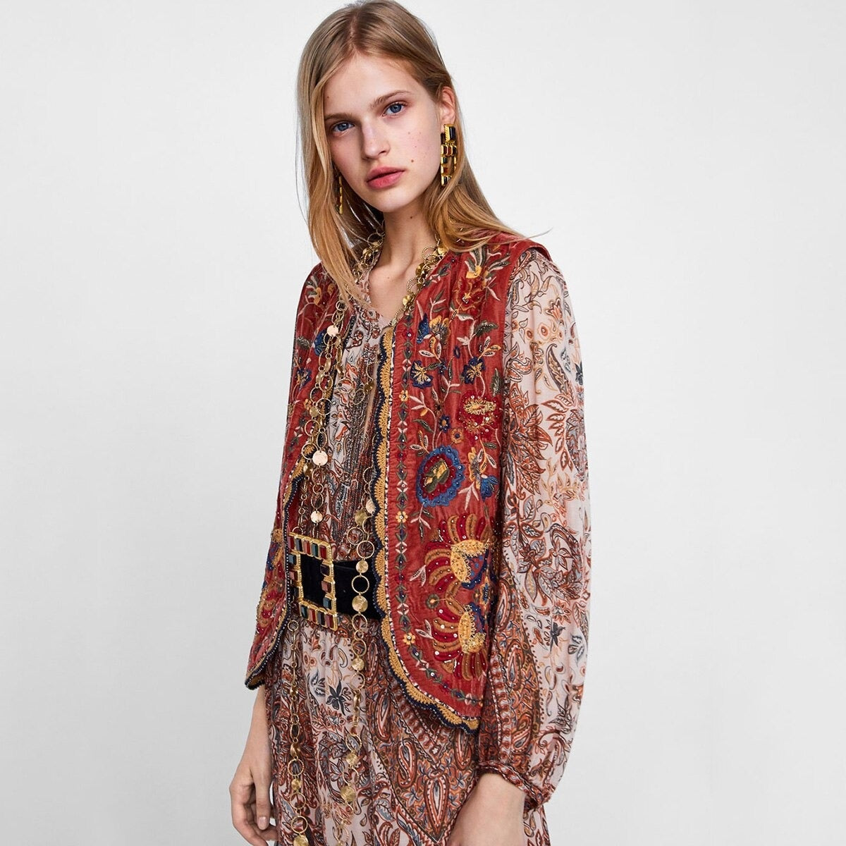 Uxía | Chaleco Largo Boho Mujer Estampado Paisley Escote V