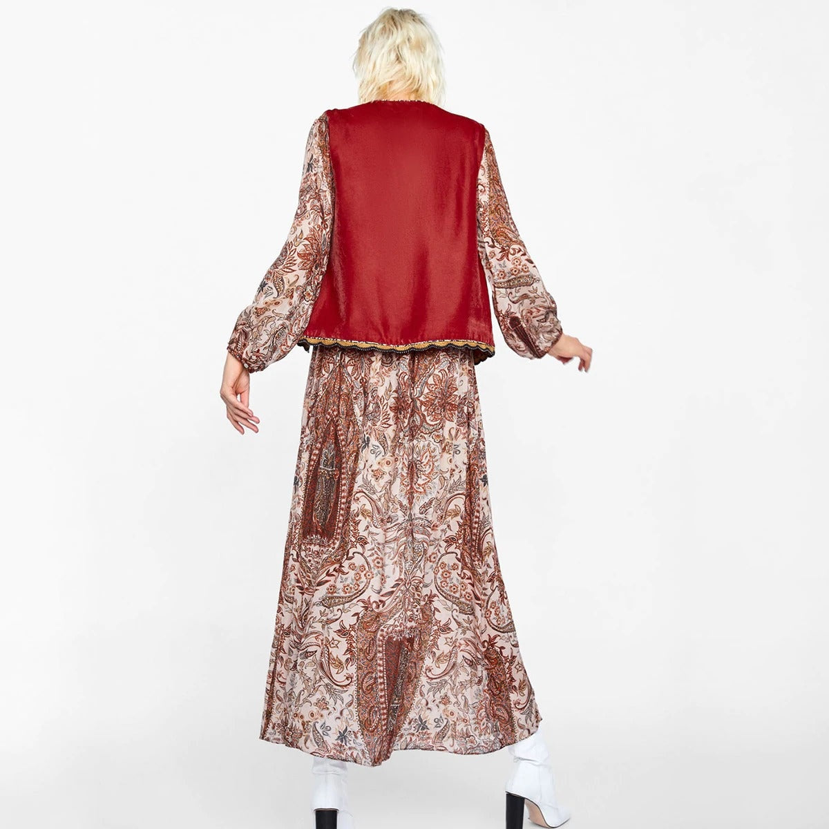 Uxía | Chaleco Largo Boho Mujer Estampado Paisley Escote V