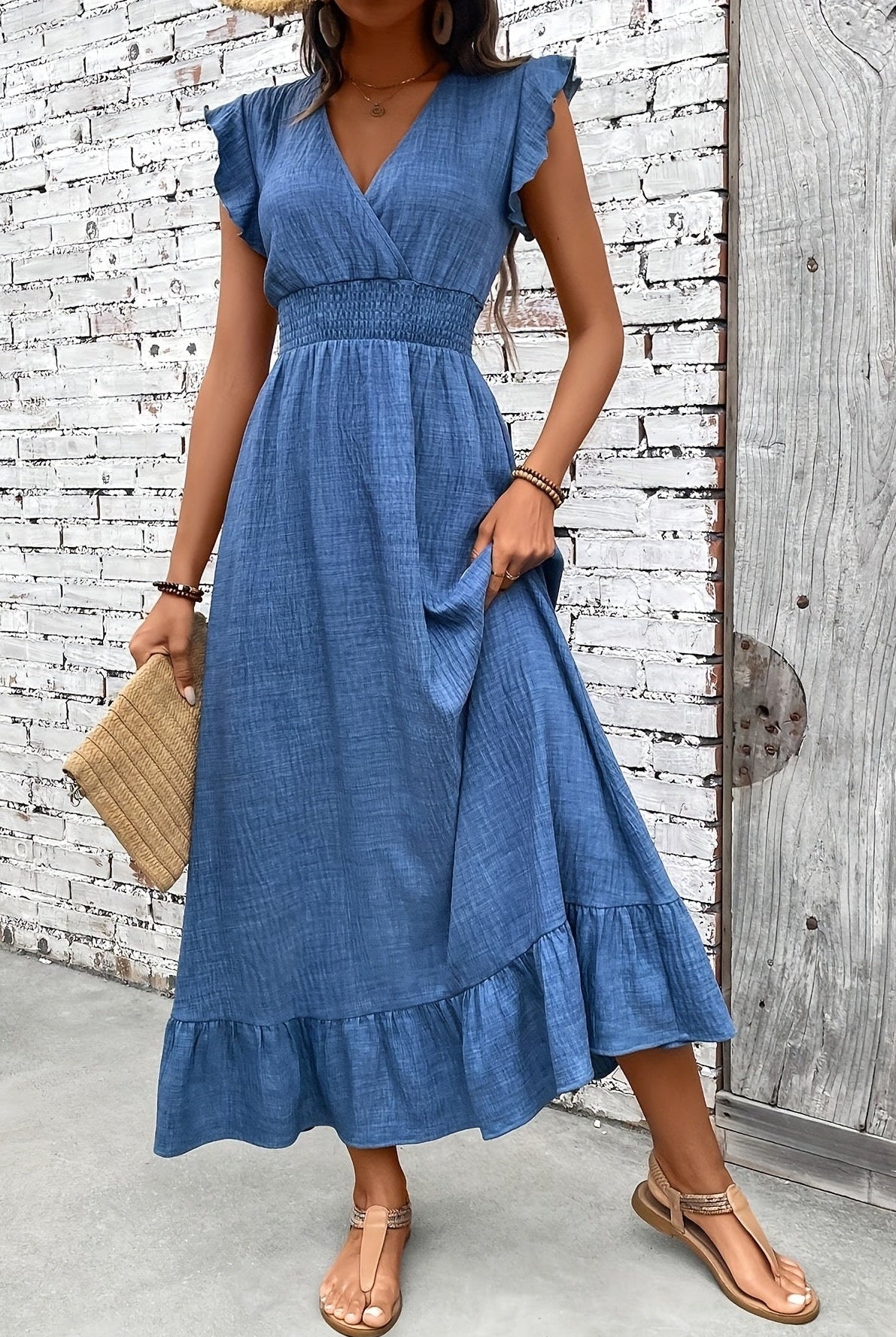 Uxía | Vestido Largo con Volantes Mujer Escote V Cintura Fruncida