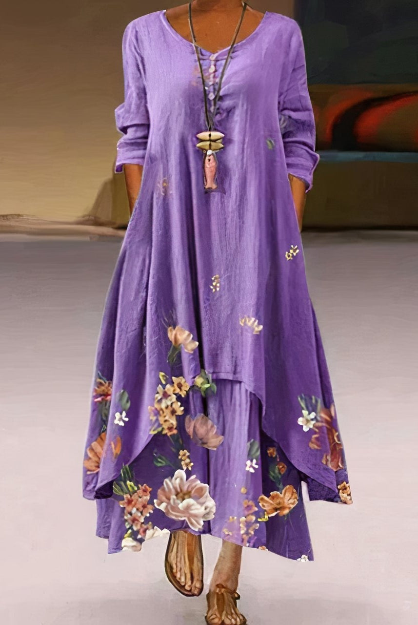 Uxía | Vestido Largo Floral Mujer Manga Larga Asimétrico