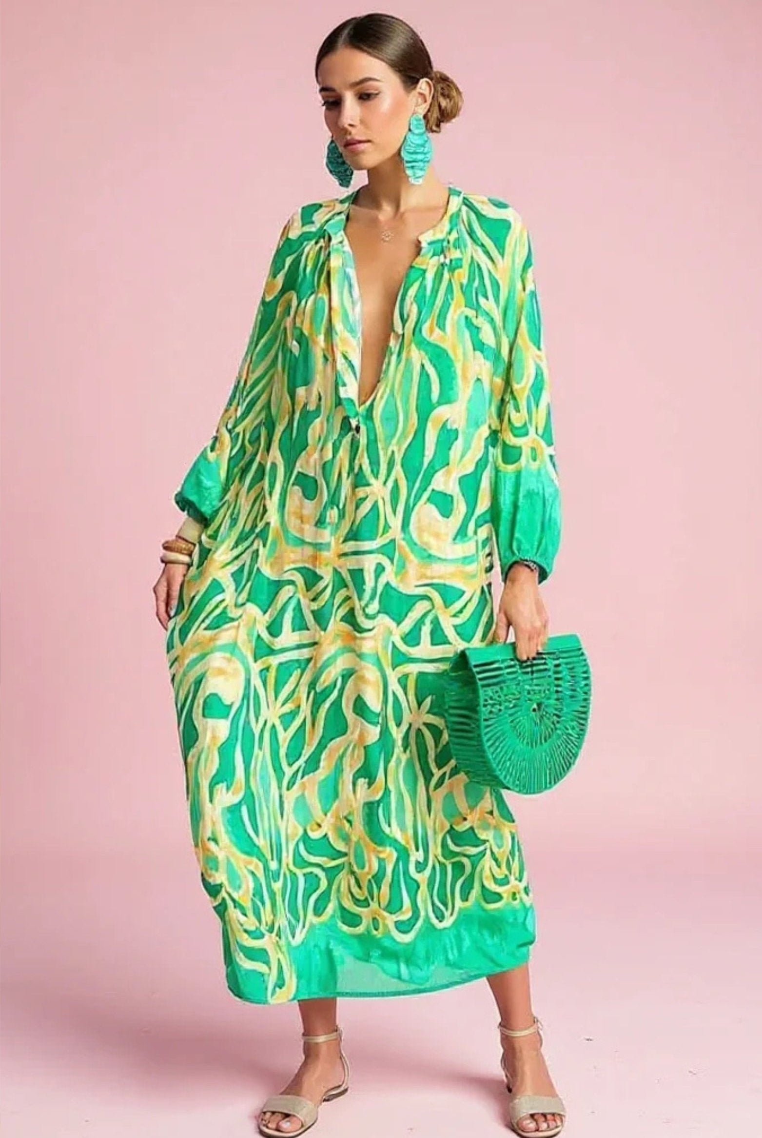 Valeria | Vestido Kaftan Boho Mujer Manga Larga Escote V