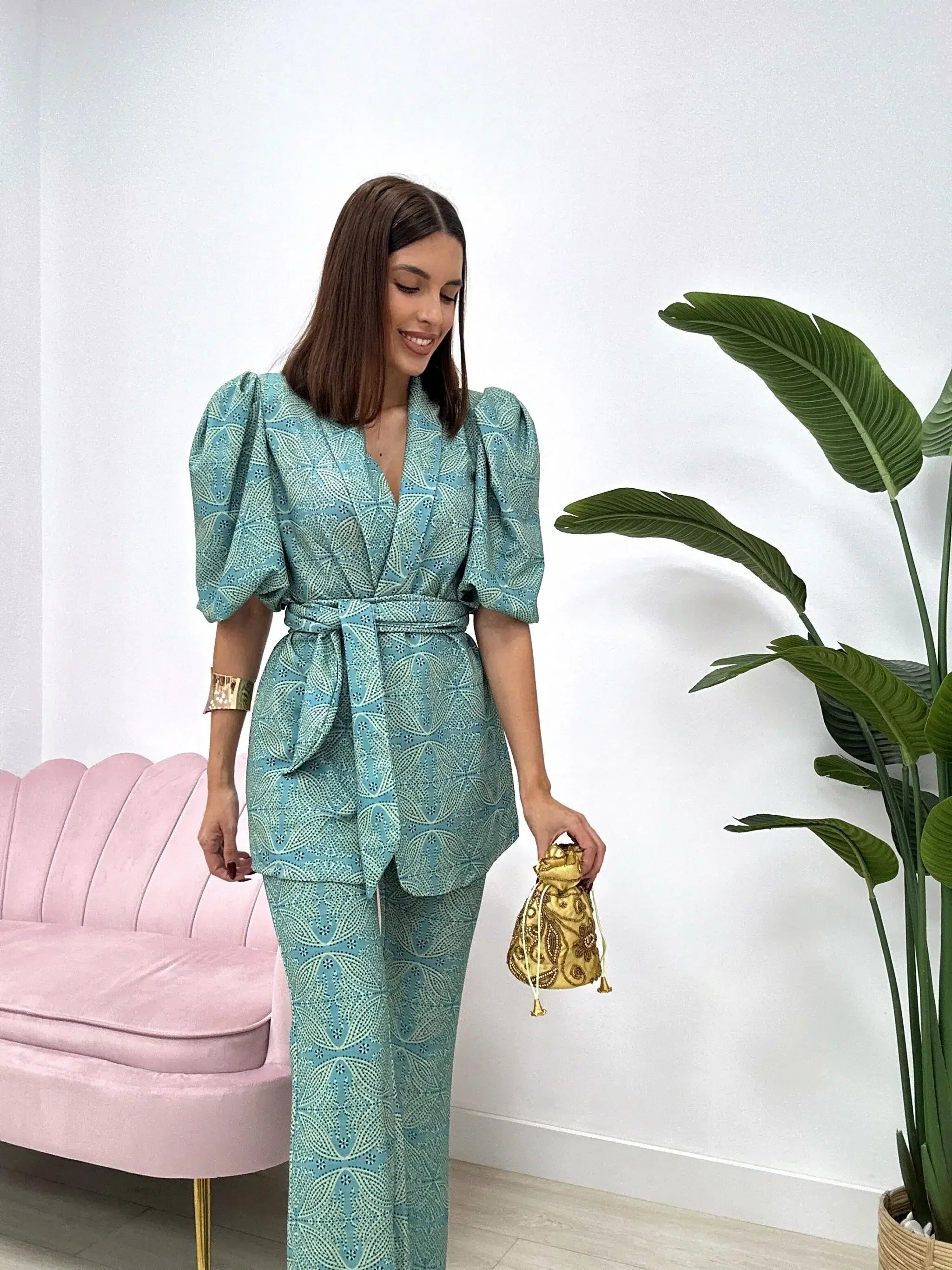 Vega | Conjunto de Pantalón Palazzo Estampado Mujer Mangas Abullonadas