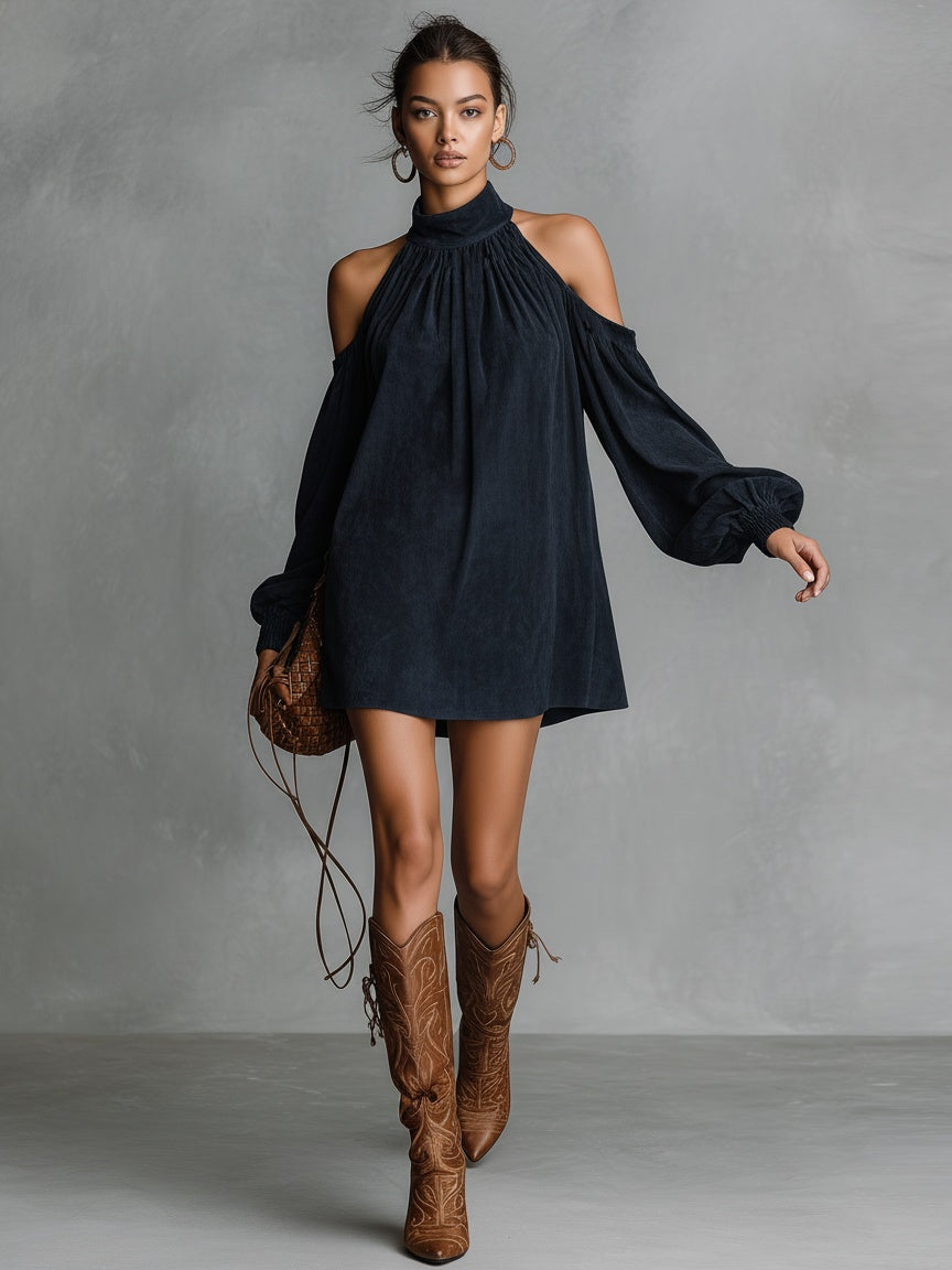 Vega | Vestido Corto Holgado de Ante Sintético Mujer Manga Linterna Hombros Descubiertos