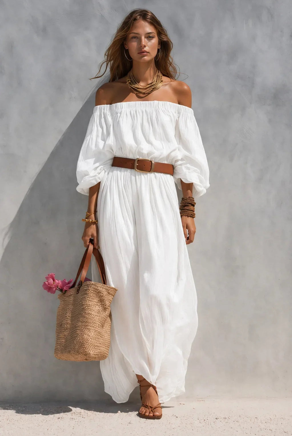 Vega | Vestido Largo Blanco Hombros Descubiertos Mujer Cinturón