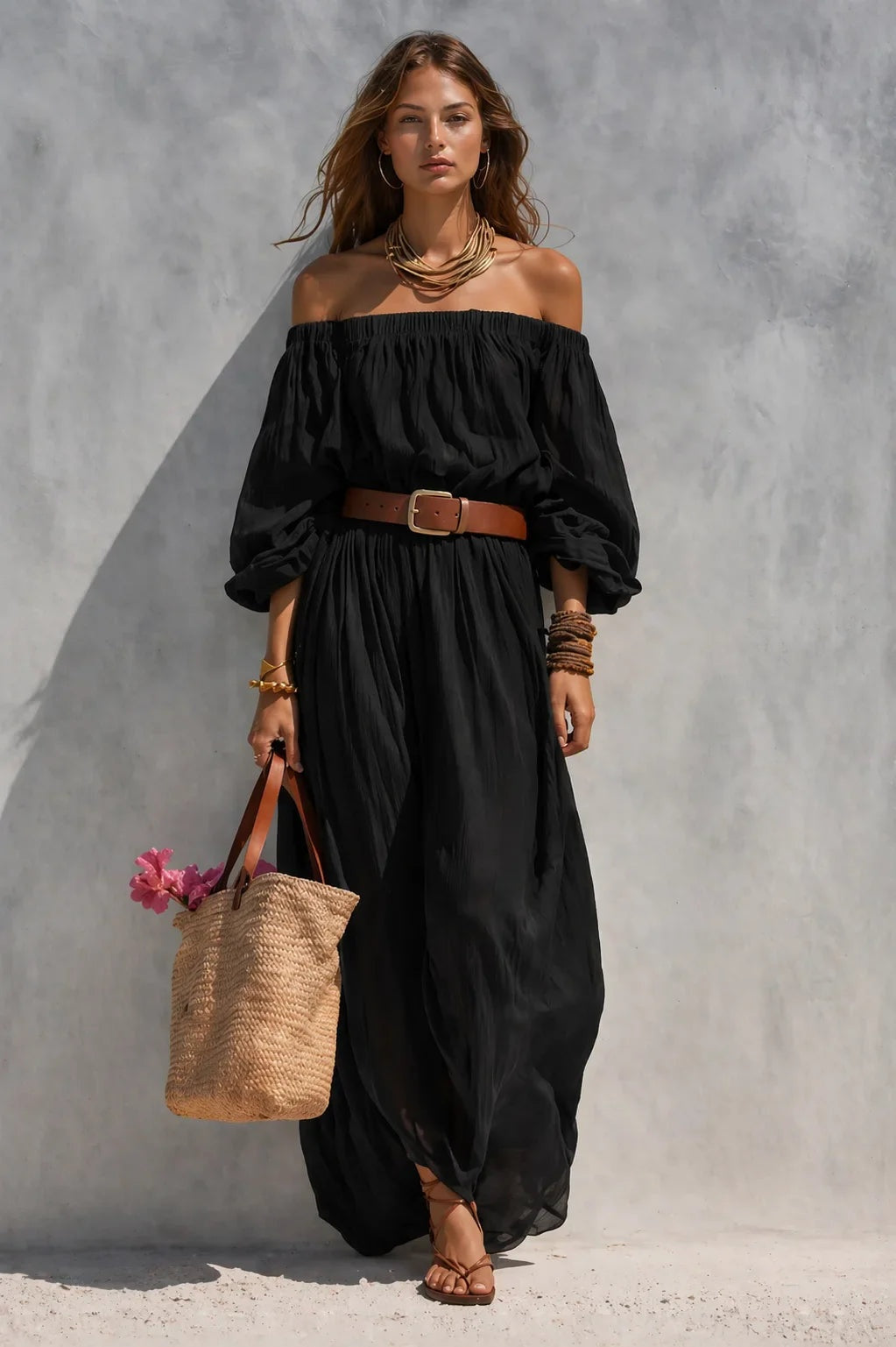 Vega | Vestido Largo Blanco Hombros Descubiertos Mujer Cinturón