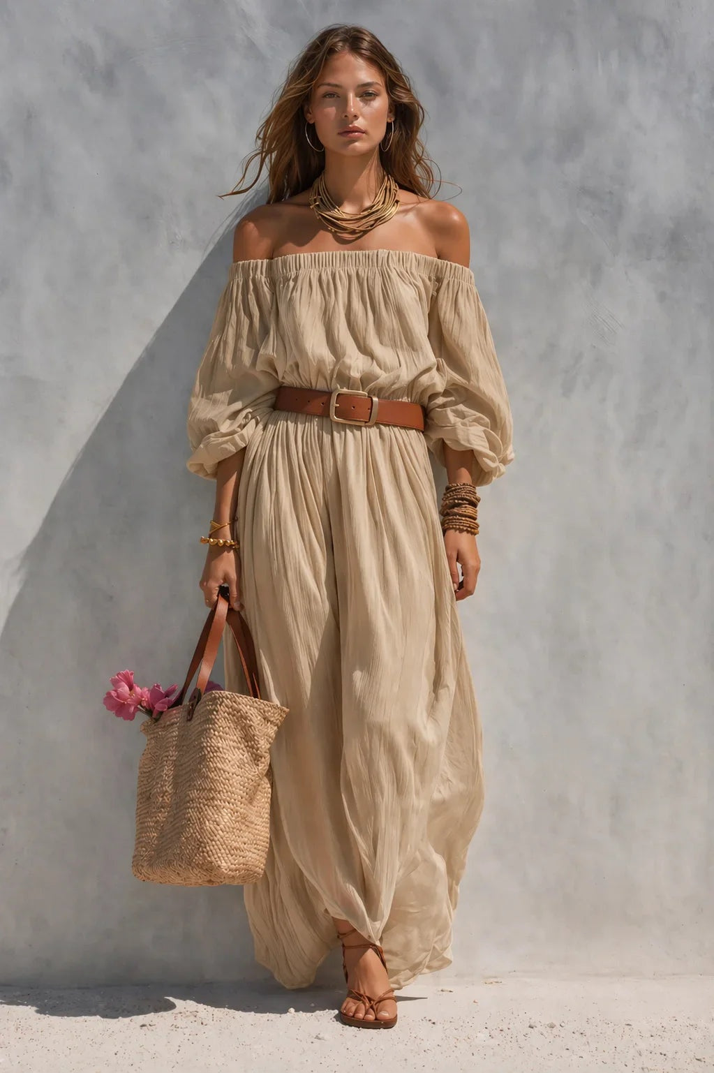 Vega | Vestido Largo Blanco Hombros Descubiertos Mujer Cinturón